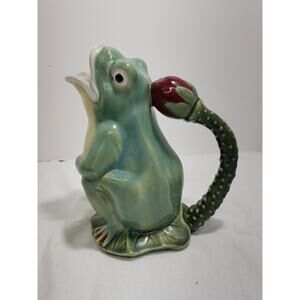 Vintage Ceramic/Porcelain Frog W/ Flower Handle Figure Water Pitcher 9"H Green